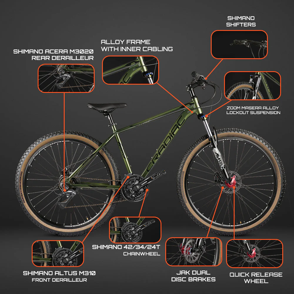 CRADIAC Alpha PRO GEN 2-21 Speed 6061 Alloy Cycle 29 T 21 Speed Gear Bicycle For Men With Front Zoom Lockout Suspension & Dual Disc Brake Mountain Bike | 15+ Years, Unisex, 18 Inch, Militorygreen - Image 9