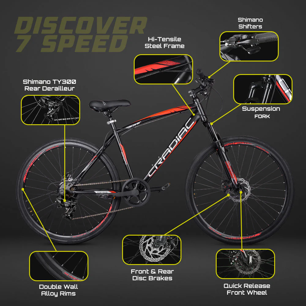 CRADIAC Discover PRO 7 Speed Steel High Performance Gear Hybrid Cycles for Men with Front Suspension & Disc Brakes | Ideal for 15+ Years, Unisex, Frame Size : 18.5 Inch | 700 * 35C Tires - Image 7