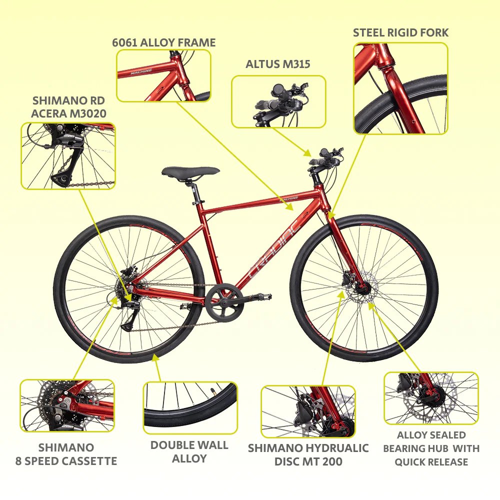 CRADIAC Machine X 8 Speed 6061 Alloy Hybrid Cycle 8 Geared Bicycle for Men with Rigid Fork & Dual Disc Brake Hybrid Bike | Ideal for 15+ Years, Unisex, Frame Size : 19.5 Inch, Metalic Red - Image 6