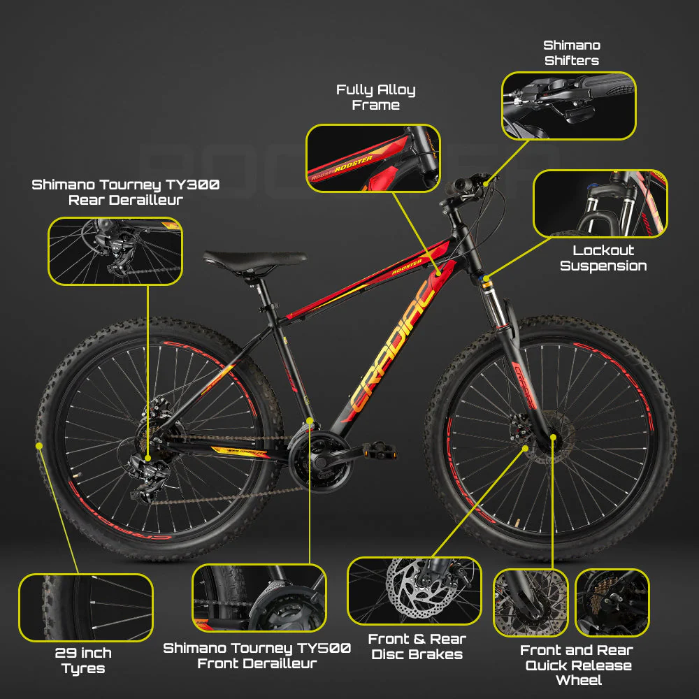 CRADIAC Rooster 21 Speed 6061 Alloy MTB Cycle 29T 21 Speed Gear Bicycle For Men With Front Lockout Suspension & Dual Disc Brake Mountain Bike | Ideal For 15+ Years, Unisex, 18 Inch, Black, Red - Image 9
